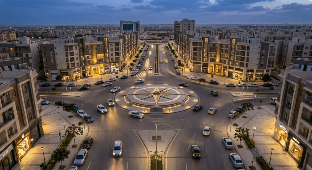 لقطة جوية احترافية لـ ميدان رئيسي على شكل بوصلة محاط بمباني سكنية وتجارية حديثة في العبور الجديدة.