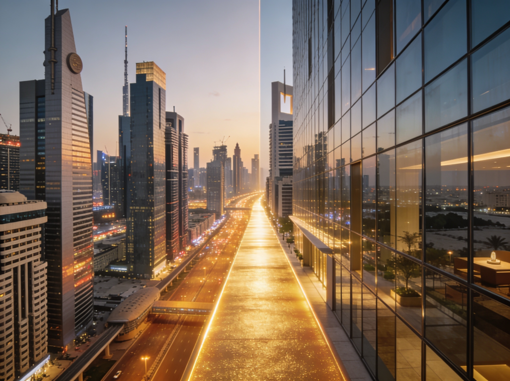 تصميم معماري فخم يربط بين الأبراج التجارية الحديثة لشارع التسعين والامتداد الاستثماري الجديد.