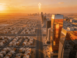 صورة جوية لمدينة العبور الجديدة تظهر الأبراج السكنية الحديثة والمشاريع العقارية والاستثمارية وقت الغروب.