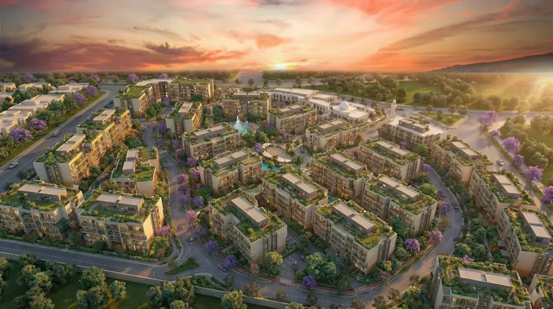 تصور معماري جوي لكمبوند كناري — الحي 25، العبور الجديدة | عوده للتطوير العقاري